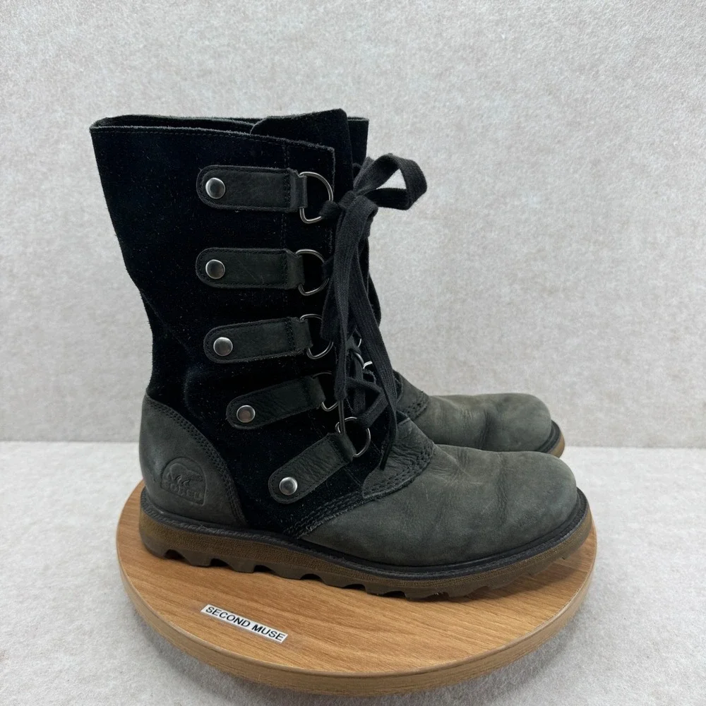 Sorel Boots Black Leather Suede Lace Up 8 Mid Calf Gorpcore Winter‎ Rugged Cozy